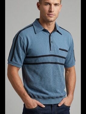 Classics by Palmland Blue & Black Striped Polo Vintage Short Sleeve Small